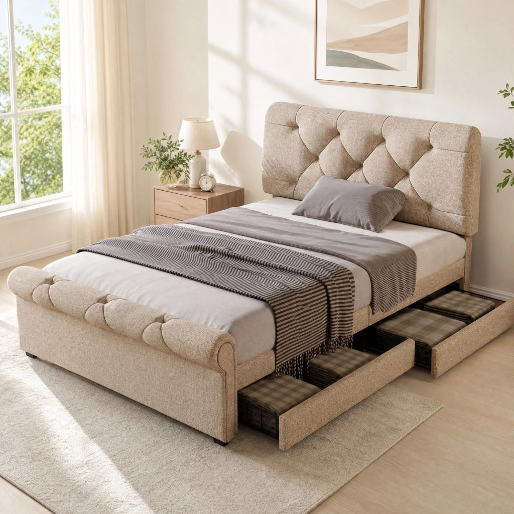 Letto singolo imbottito 90x200 cm con materasso, 2 cassetti, testiera regolabile, colore naturale