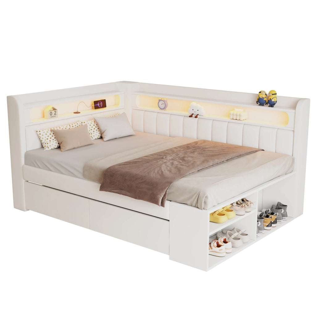 Letto imbottito 90x200 cm con LED; USB; due cassetti e scarpiera; bianco