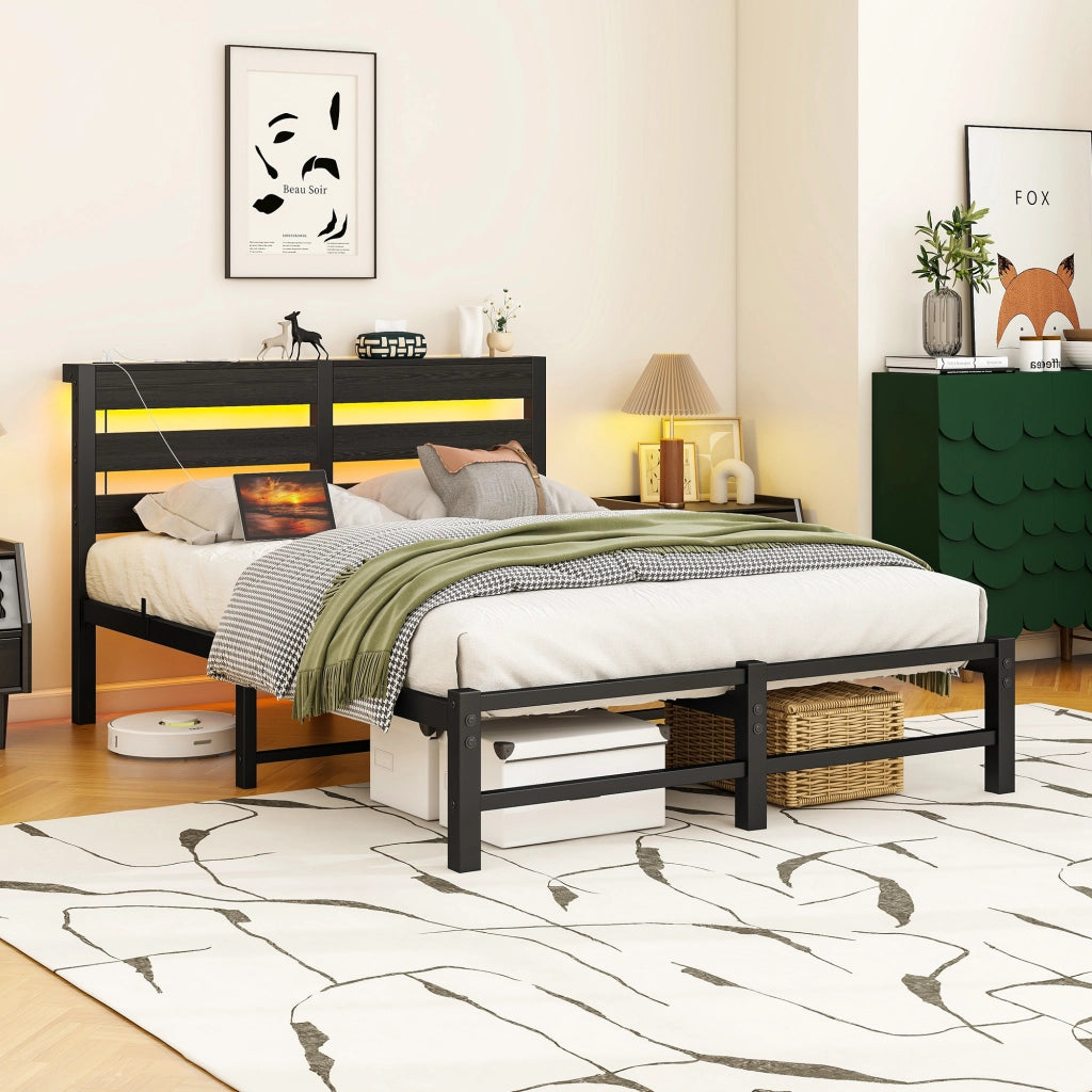Letto matrimoniale 120x200 cm in metallo con LED RGB, 2 USB e spazio contenitore