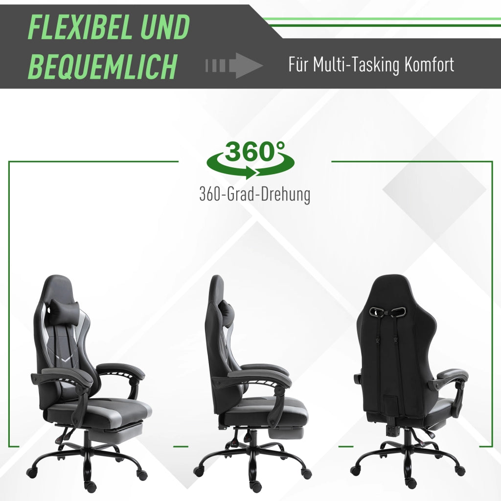 Sedia da gaming ergonomica con schienale reclinabile e poggiapiedi, cuscino cervicale e lombare, schiuma nera