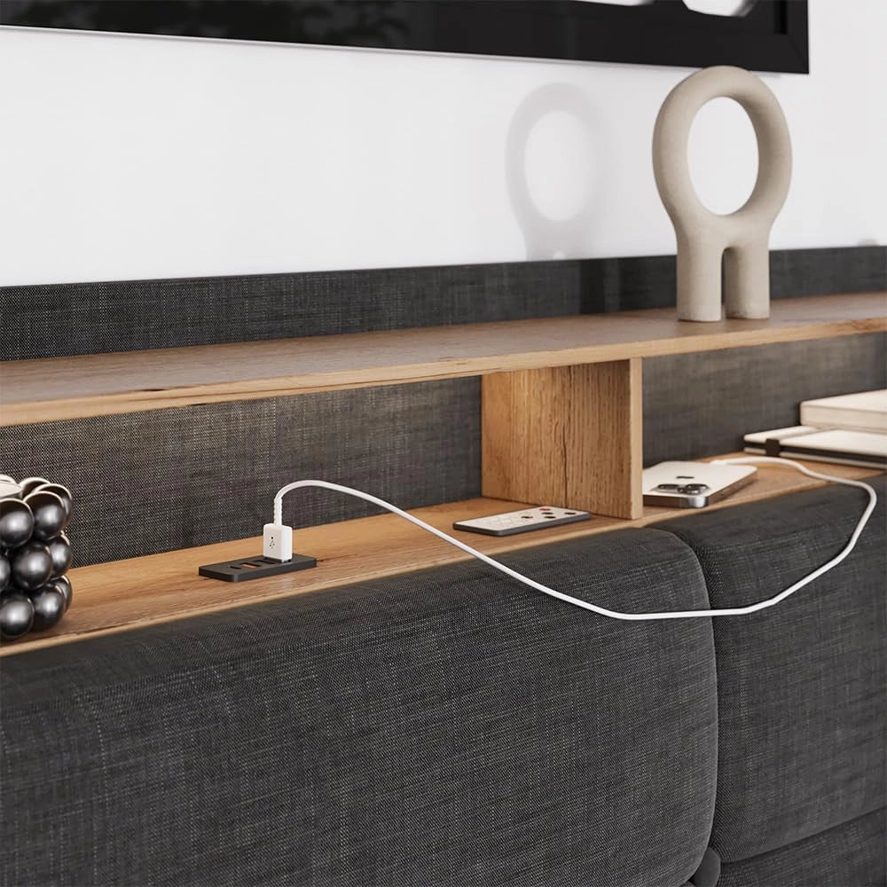 Letto imbottito Christin, Antracite/quercia, 160x200 con LED, connessione USB, materasso