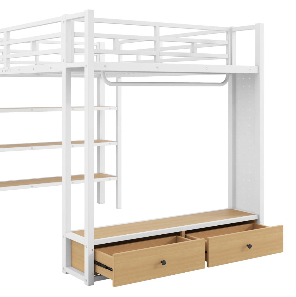 Letto a soppalco 140x200 cm con armadio aperto; ripiani; LED e parete forata bianco