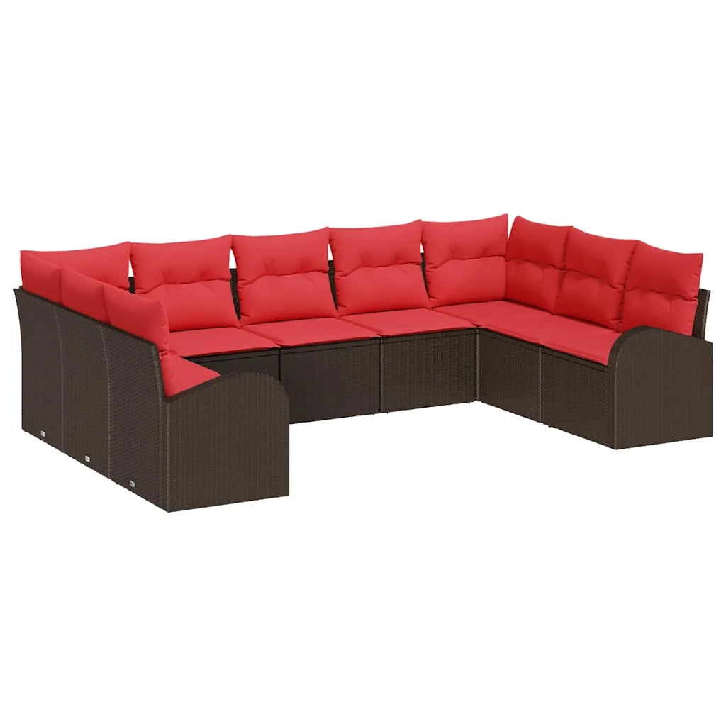 Set Divano da Giardino 9 pcs Marrone e Rosso polyrattan