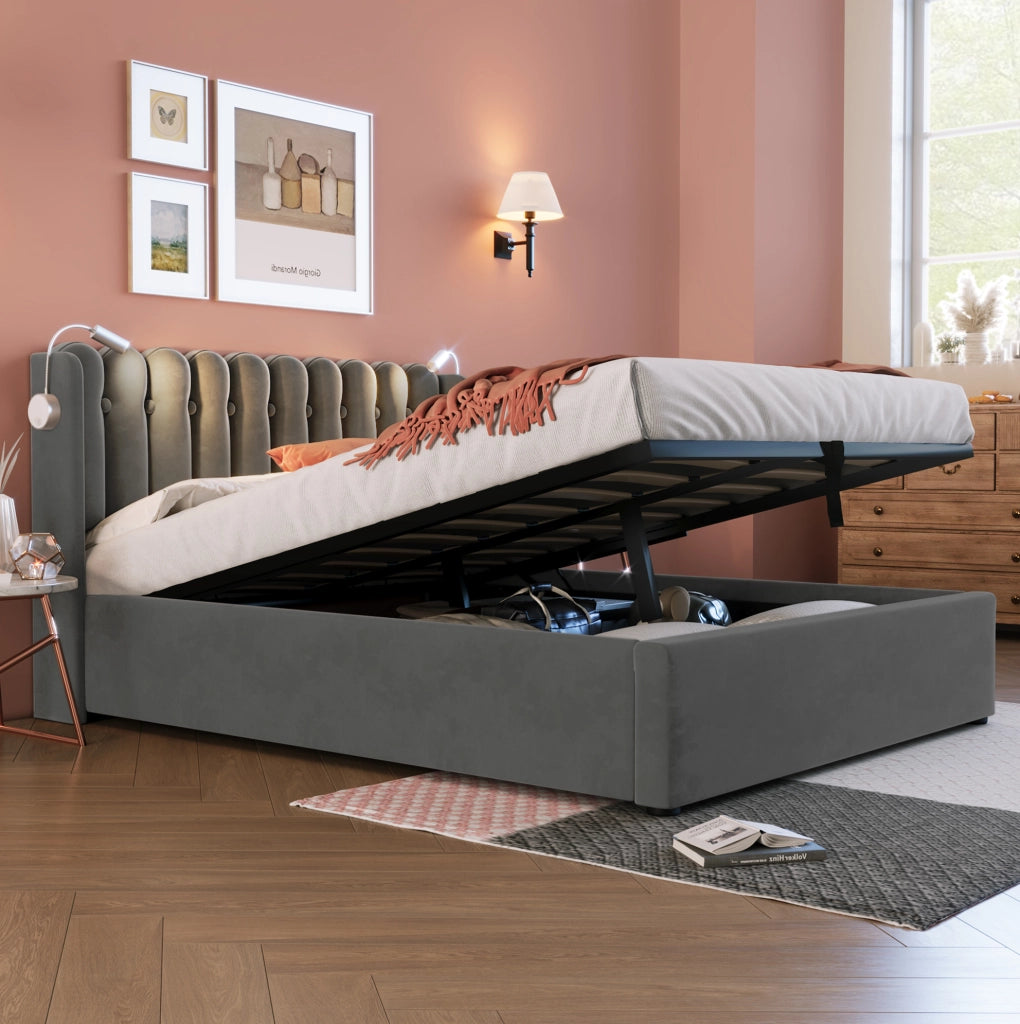 Letto matrimoniale imbottito 140x200 cm in velluto grigio con luce da lettura e USB