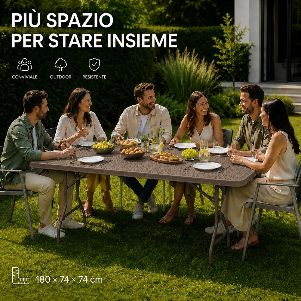 Tavolo Pieghevole Tortora Polyrattan Resistente Tavolino da Esterno 180x74x74cm