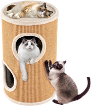 Cuccia per Gatti a 3 Piani, Cassetta Multilivello con Tappetino per Graffi in Sisal e Letto Morbido per Pisolini, Torre a Forma di Barile per Gattini, 36 x 36 x 60 cm