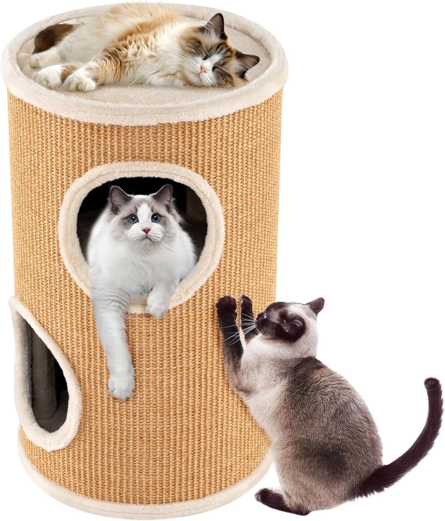 Cuccia per Gatti a 3 Piani, Cassetta Multilivello con Tappetino per Graffi in Sisal e Letto Morbido per Pisolini, Torre a Forma di Barile per Gattini, 36 x 36 x 60 cm