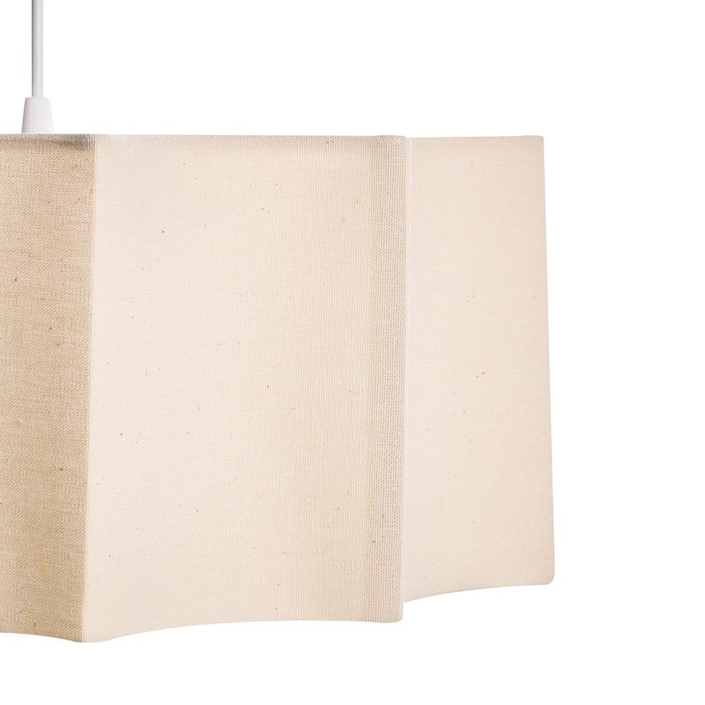 Lampada a sospensione con base in ferro bianco e beige chiaro e paralume in tessuto, stile moderno