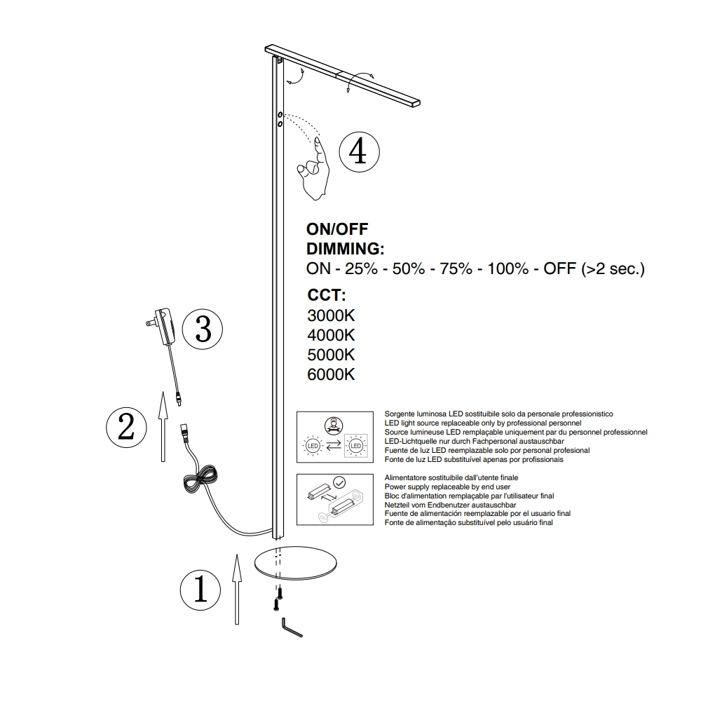 Ideal - Piantana a Led Bianca orientabile in metallo H.180 cm Fabas Luce - Luce led 35W integrata CCT (3000K 4000K 5000K 6000K)