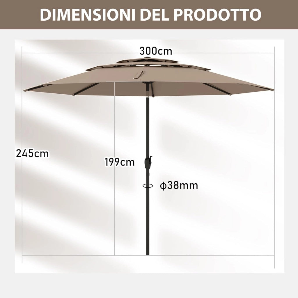 Ombrellone da Giardino 300 cm, Ombrellone Esterno con Inclinazione Regolabile, Ombrellone a 3 Livelli con Manovella 8 Stecche, per Giardino Piscina Cortile (Marrone)