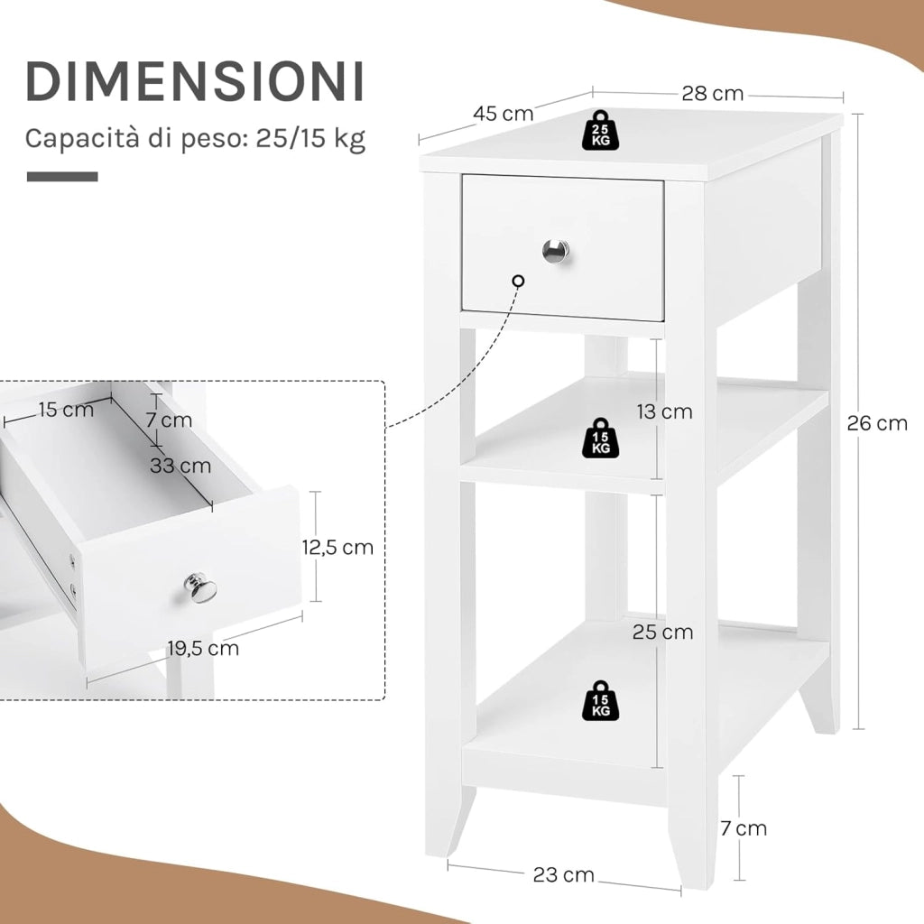 Comodino Alto e Stretto con 1 Cassetto e 2 Ripiani Aperti, Comodino per Camera da Letto, 45x28x66cm, Tavolino da caffè in Legno, Mobiletto Multiuso con Design Moderno, Bianco NTS02ws