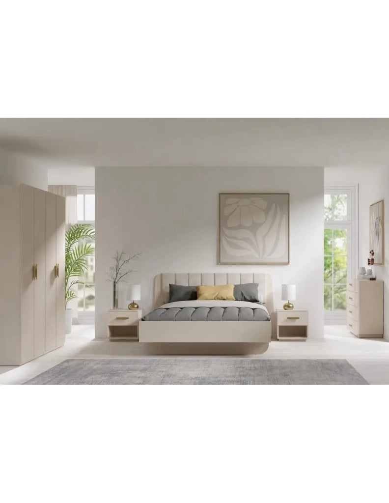 Camera completa AMALIE beige – Letto contenitore 180x200 cm, armadio, cassettiera, 2 comodini e scaffali