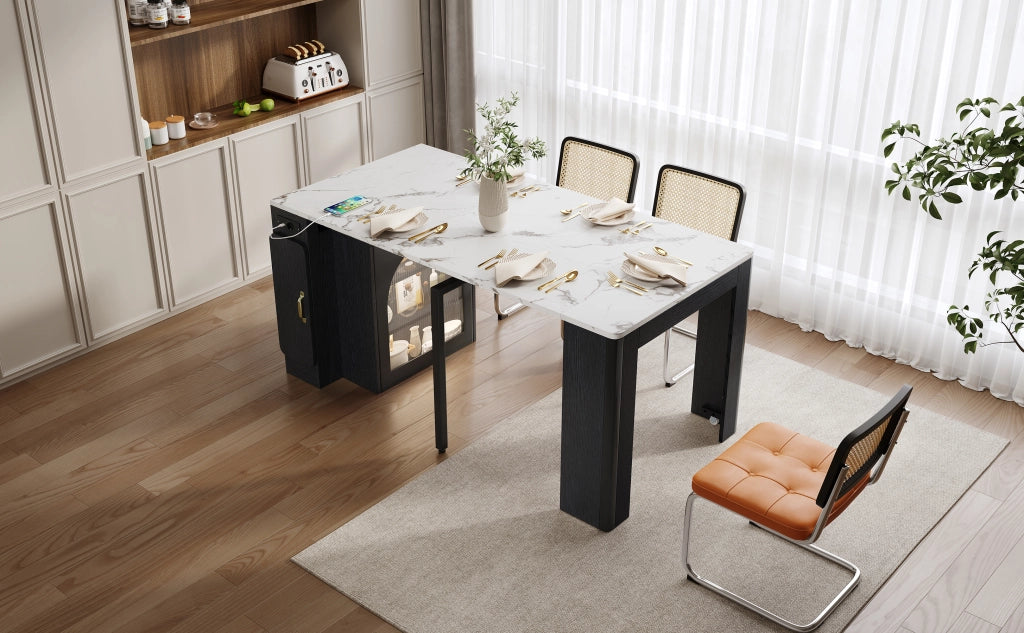 Carrello da cucina con Tavolo allungabile; 3 Scomparti; Ruote; LED e Presa; MDF Vetro; Bianco Nero