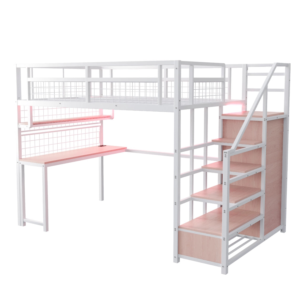 Letto a soppalco in metallo 140x200 cm con scrivania, scaffale, armadio integrato e scala contenitore, Bianco