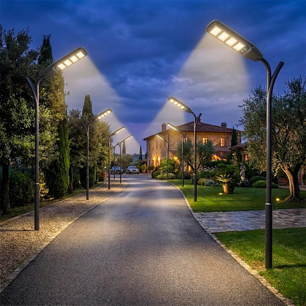Armatura Stradale con Pannello Solare Integrato LED 225W IP65 con Sensore Crepuscolare Luce Sicurezza Giardino Cancello