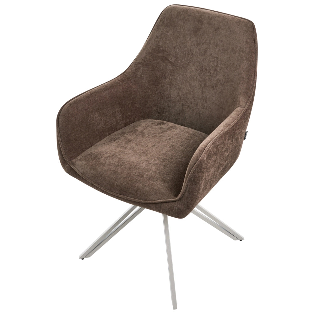 Set di 2 sedie da pranzo girevoli in tessuto marrone con braccioli e schienale, gambe in metallo beige, stile retrò-contemporaneo