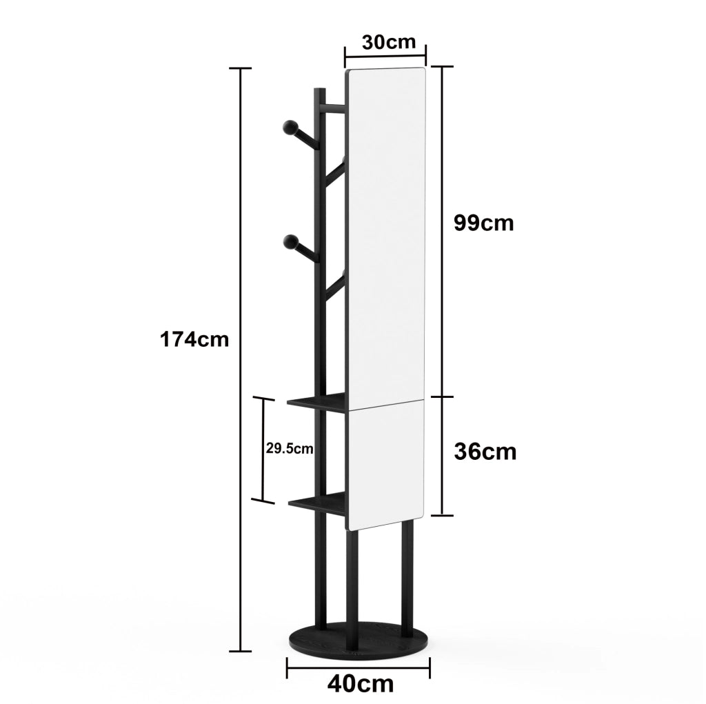 Specchio a figura intera 135x30 cm girevole a 360° con struttura in truciolare e acciaio nero