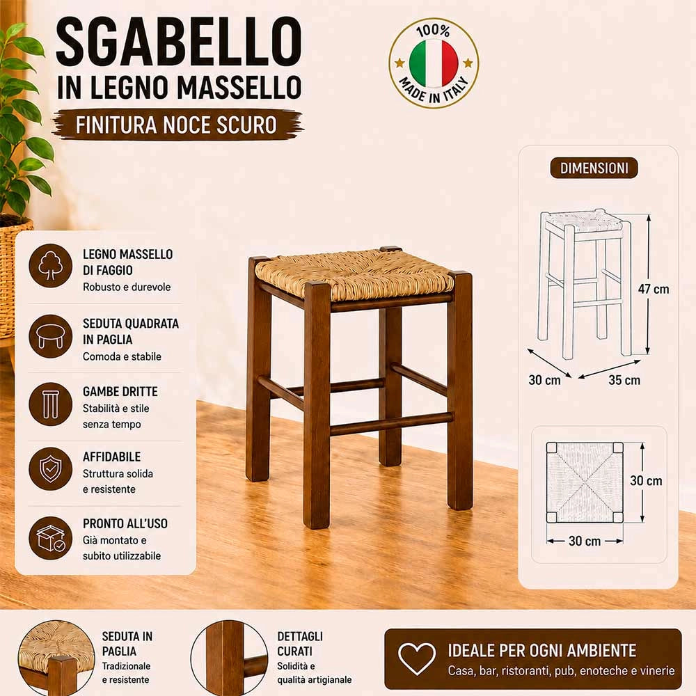 Sgabello legno seduta quadrata paglia h 47 cm noce scuro gamba dritti
