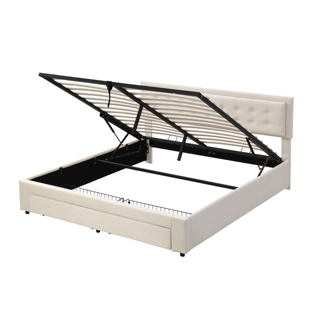 Letto matrimoniale 160x200 cm in velluto beige con contenitore; testiera regolabile e cassetti