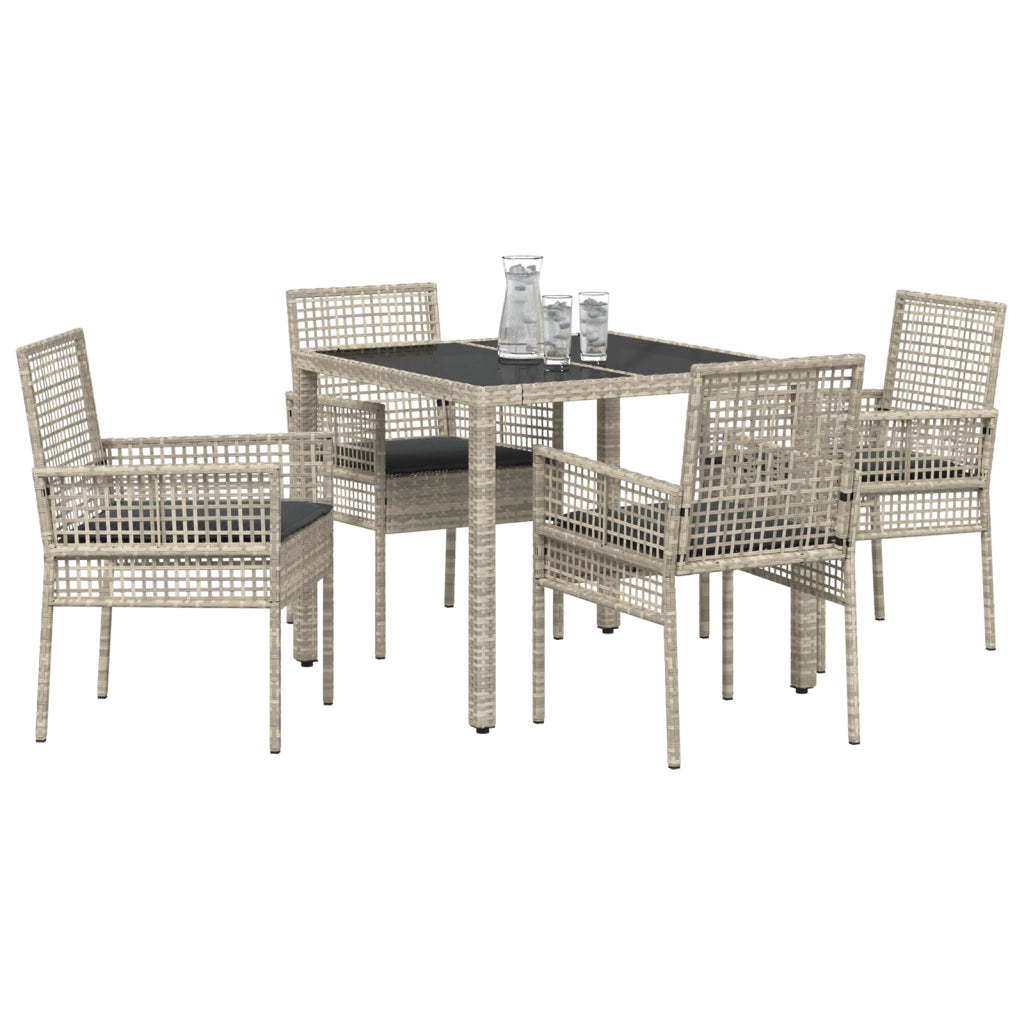 Set da pranzo da giardino 5 pezzi con cuscini grigio chiaro in polyrattan
