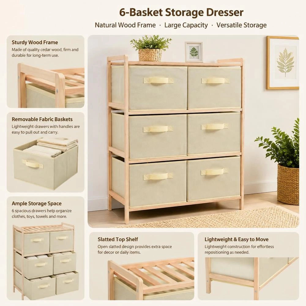Wicker Chest Of Drawers With 6 Fabric Baskets, Cedar Wood, Beige