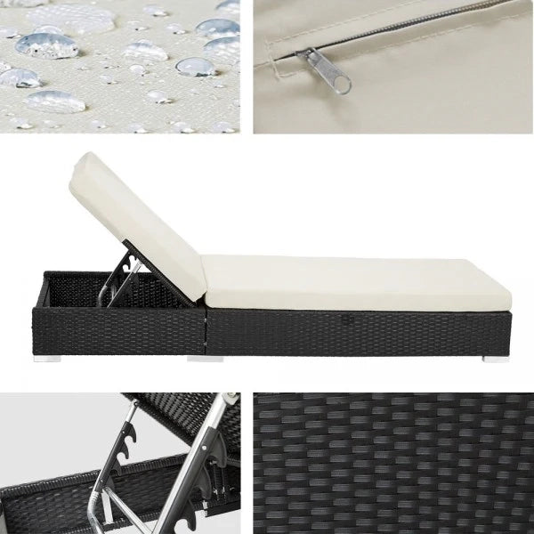 Set di due lettini prendisole in resina intrecciata in polyrattan nero + tavolo + due set di coperture + telo protettivo 08_0000505