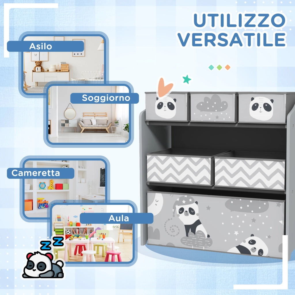 Libreria Portagiochi con 6 Contenitori in Tessuto ¨C zephmum ¨C Grigio 63x30x66cm