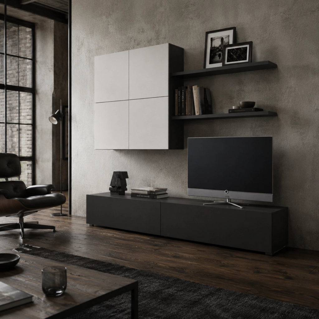 Parete Attrezzata Per Soggiorno Con Mobile Base TV 2 Ante Pensile 4 Ante E 2 Mensole Stile Contemporaneo In Melaminico Facile Da Pulire Bianco E Grigio Grafite