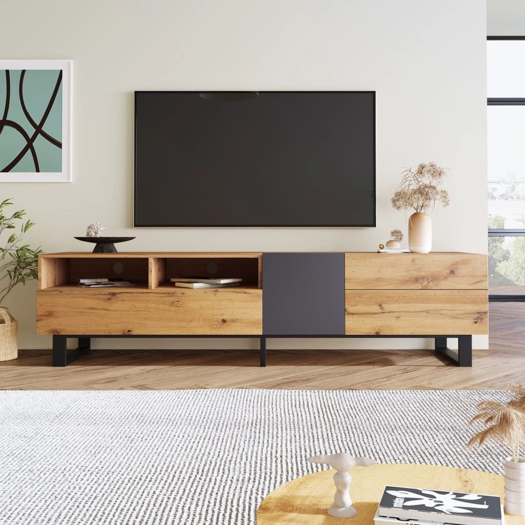 Mobile TV moderno con effetto legno e ampio spazio contenitivo