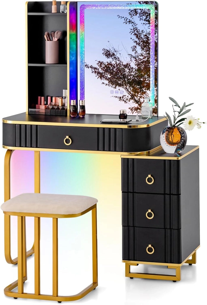Tavolo da toeletta con sgabello, tavolo cosmetico con specchio, striscia LED RGB, bordo specchio diamantato, 7 modalità LED statiche e 7 dinamiche, tavolo da toeletta con stazione di ricarica