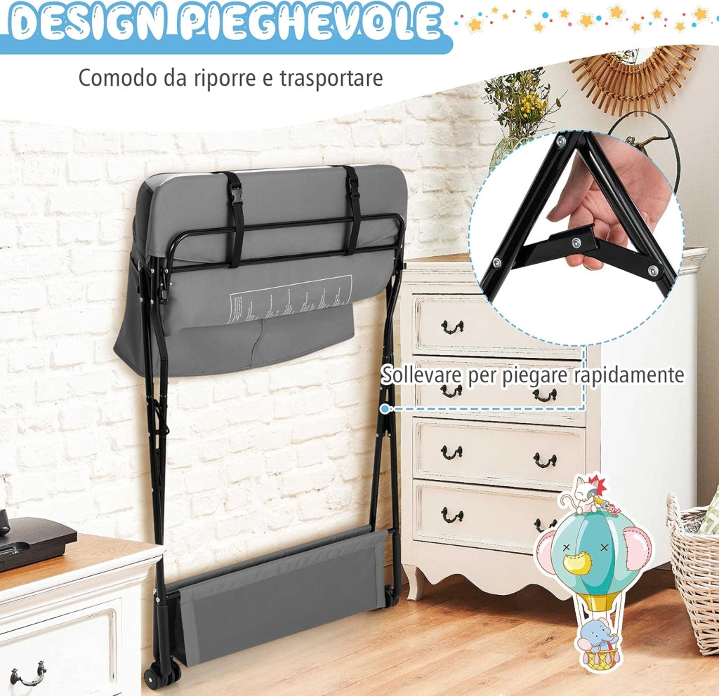4-in-1 Fasciatoio Pieghevole con Rotelle, Altezza Regolabile, Fasciatoio Portatile con Portaoggetti Borsa e Ripiano, Fasciatoio Neonato 0-12 Mesi (Grigio)