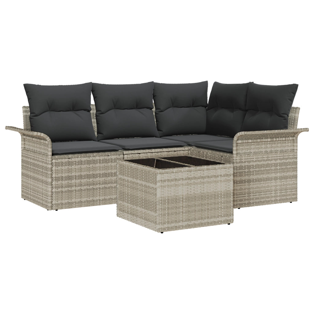 Set Divano da Giardino 5 Pezzi con Cuscini Grigio Polirattan