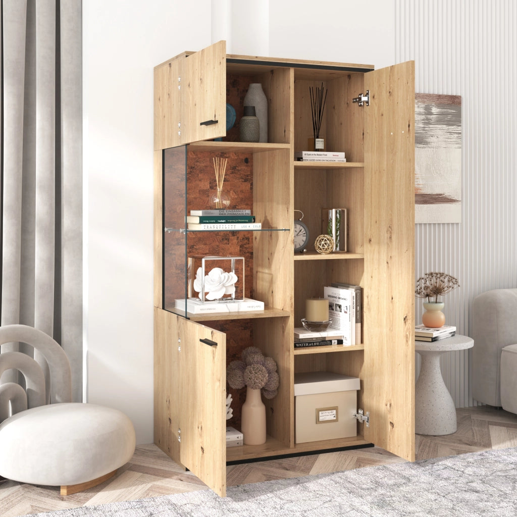 Vetrina con 1 Anta in Vetro; 3 Ripiani Regolabili e LED 15 Colori; Stile Moderno; in MDF; Naturale; 77;5¡Á40¡Á150 cm