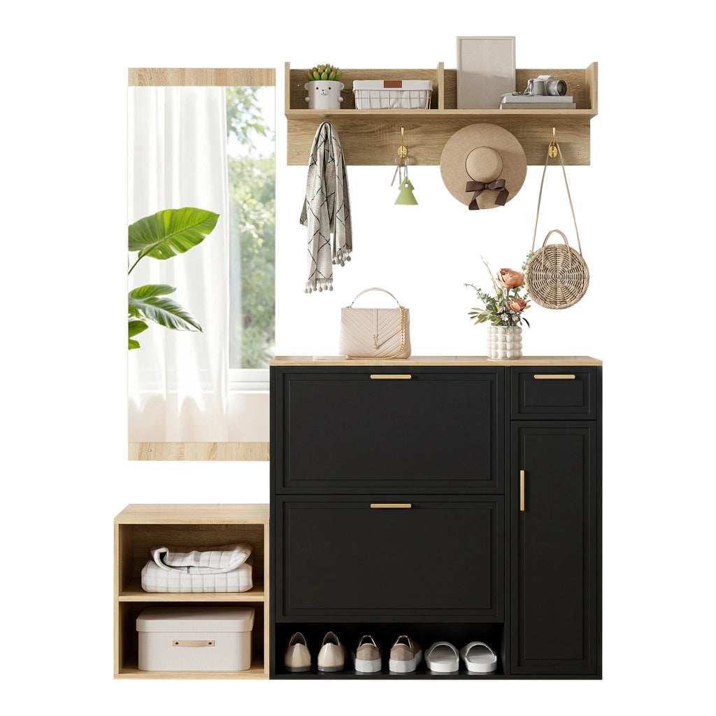 Set ingresso 4 pezzi con scarpiera, panca, appendiabiti da parete e specchio, design salvaspazio in colore Naturale + Nero