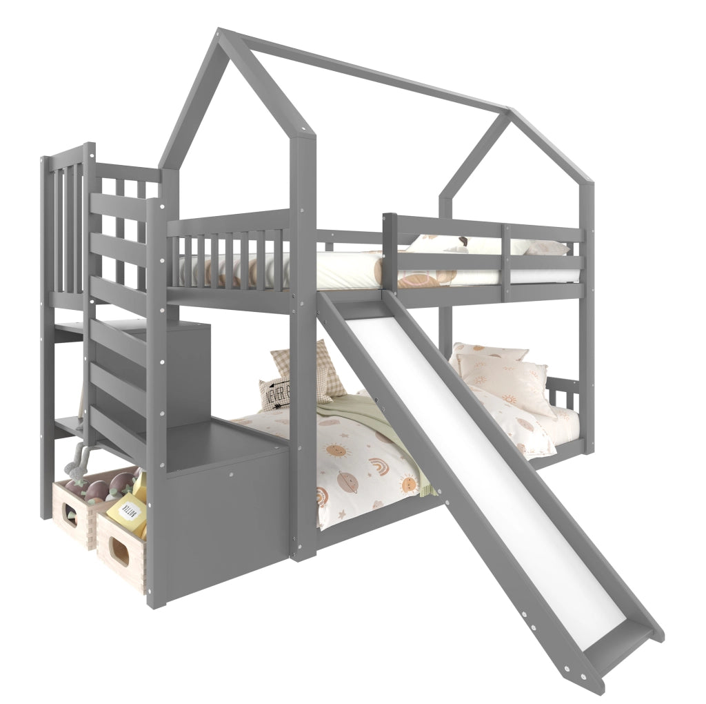 Letto a castello 90x200 cm con scala contenitore e scivolo grigio