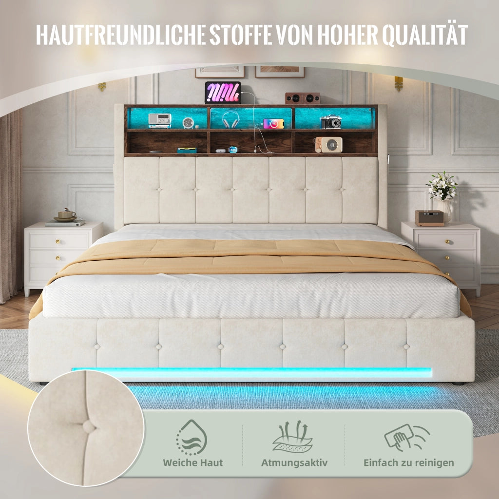 LETTO Contenitore 180x200 cm Velluto Beige con testiera multifunzione