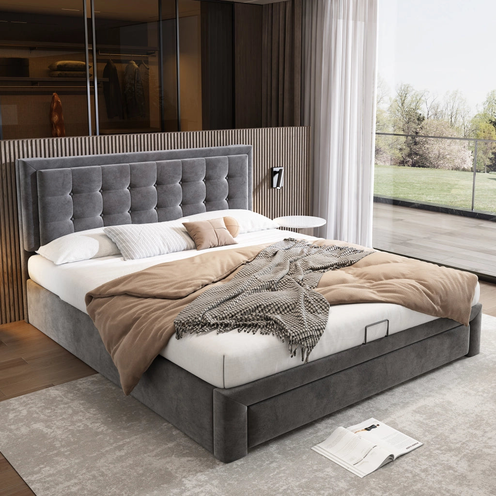 Letto Contenitore 160 x 200 cm; Letto Matrimoniale con Testiera Regolabile e Cassetti; senza Materasso; Grigio
