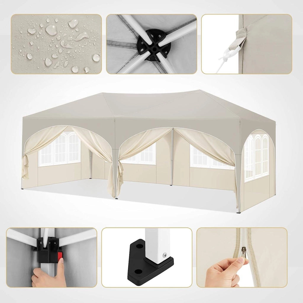 Gazebo da giardino pieghevole con 6 pareti laterali regolabili in altezza in ferro e tessuto oxford beige 3 × 6 m