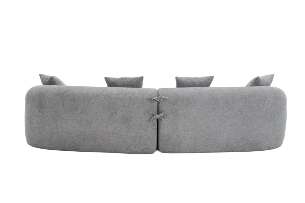 Divano modulare a 4 posti in chenille grigio, design moderno e curvo, senza montaggio