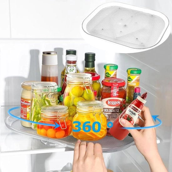Organizzatore a giri per frigorifero, organizzatore rettangolare trasparente per frigorifero, organizzatore a giri rotativo 360° per armadi, tavoli, magazzini, cucine, mensola