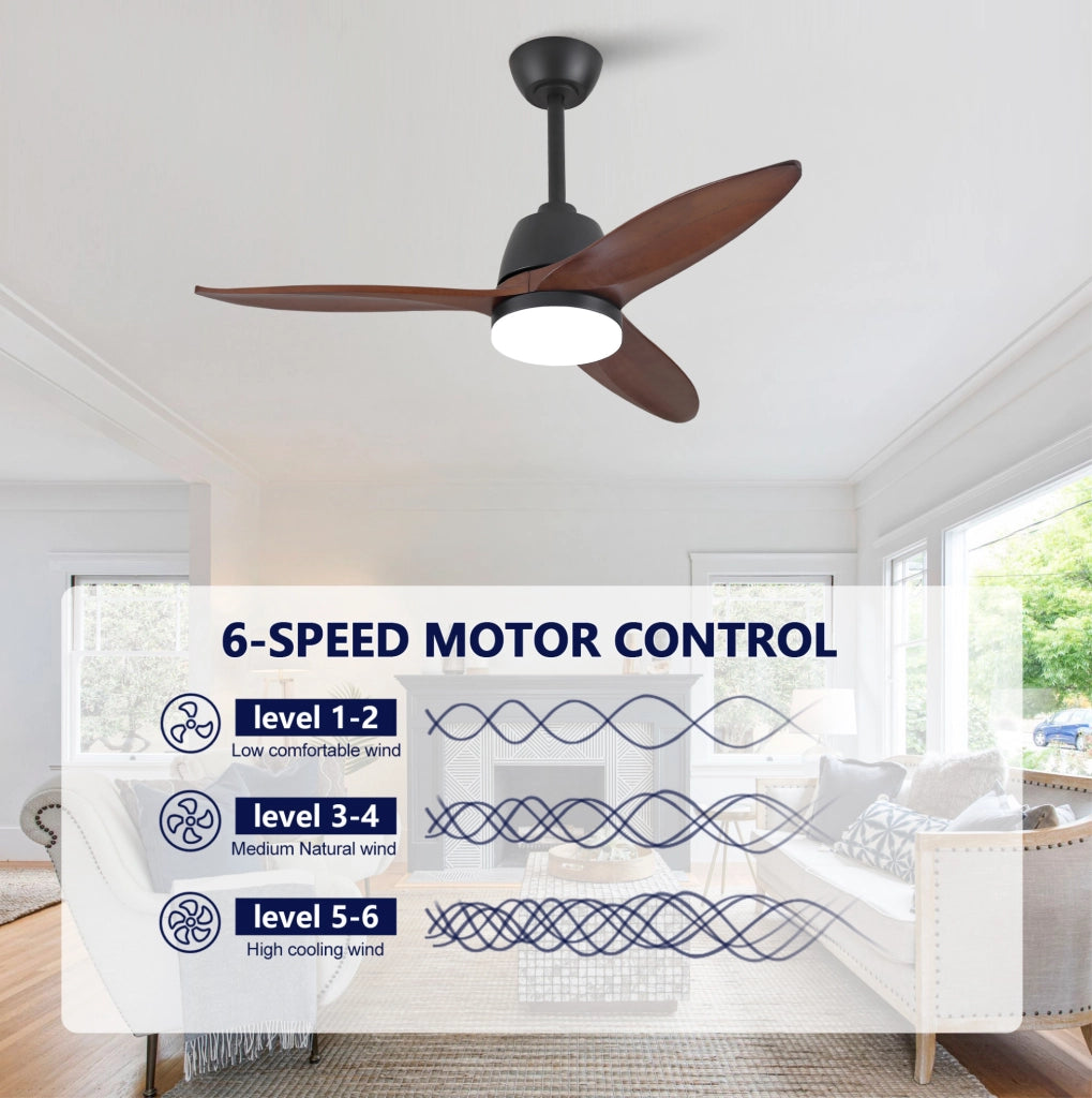 Ventilatore da soffitto moderno 42 pollici con LED; 3 pale in legno massello; nero e noce scuro