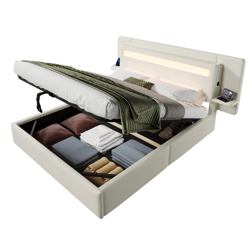 Letto imbottito 140x200 cm beige con contenitore idraulico; LED multicolore e comodino integrato