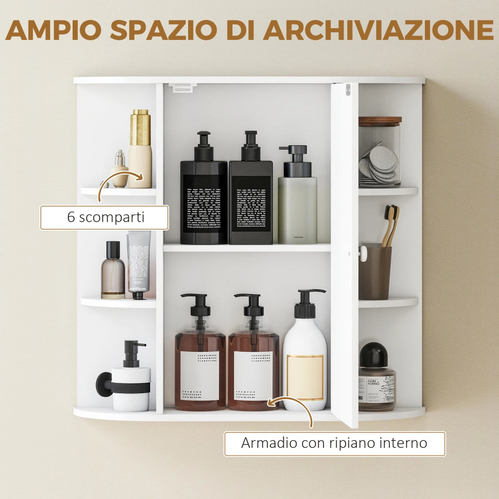 Specchio Bagno Contenitore con 6 Ripiani Aperti e 2 Chiusi, 66x17x63 cm Mobile Bagno con Specchio, Mobilettto da Parete in Vetro, Bianco