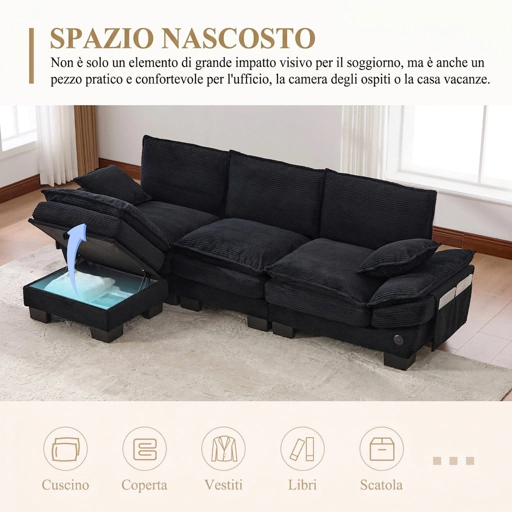 Divano modulare 3 posti in velluto a coste nero con pouf; porta USB-C e tasche laterali; 260x132x84 cm