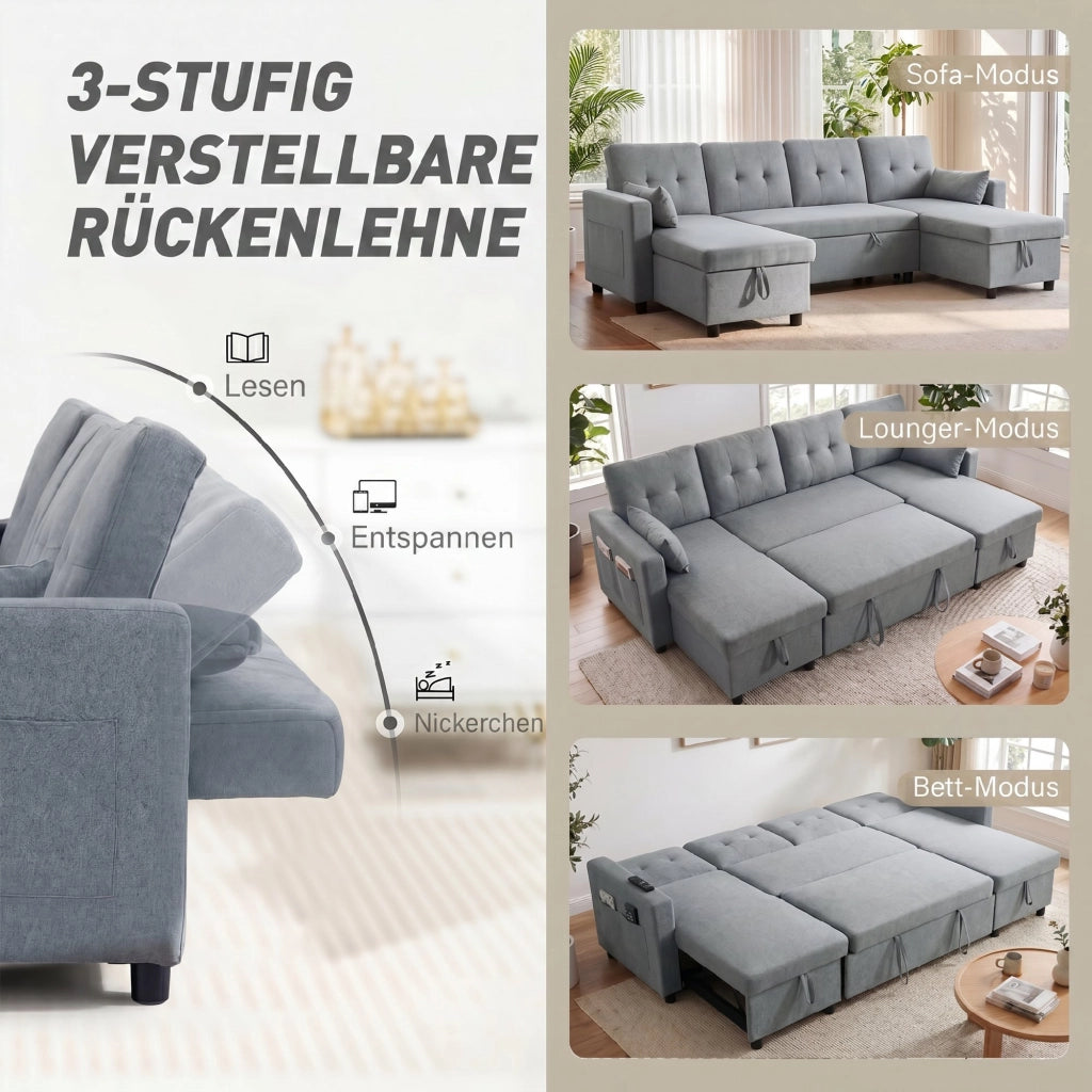 Divano letto angolare con contenitore ¨C Minimal ¨C Grigio, Tessuto, 240x220x90 cm