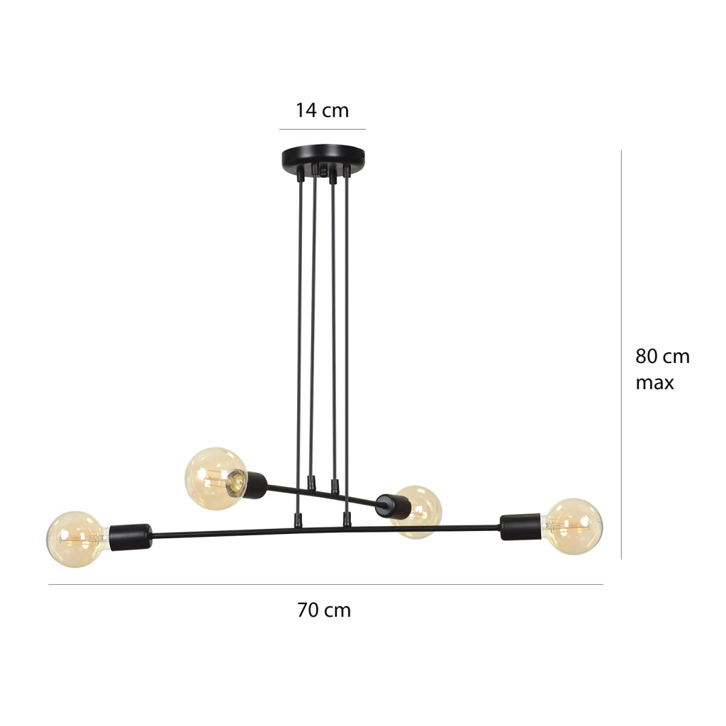 Lampadario Industrial 4 Luci Multiplo In Acciaio Nero A Bracci
