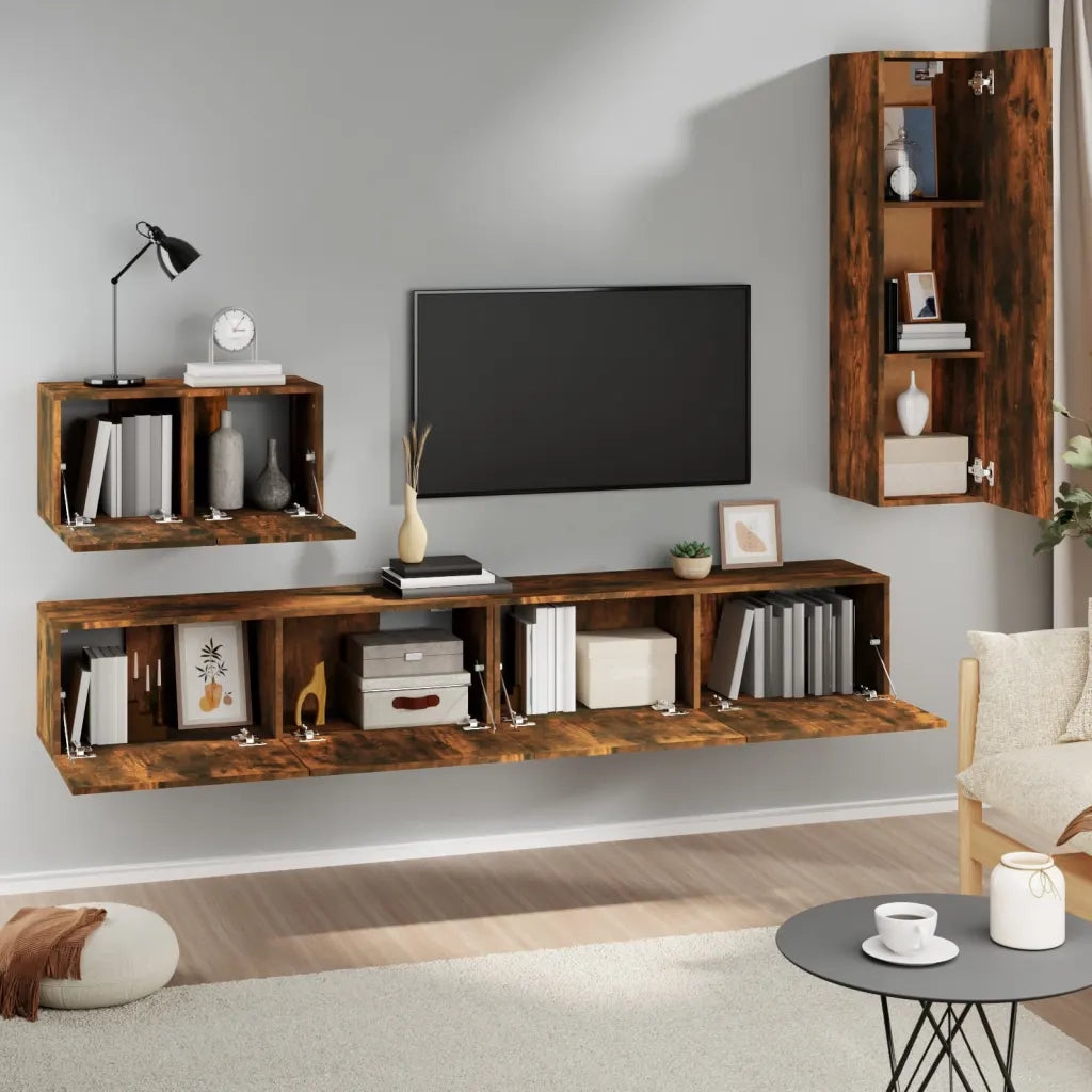 Set di Mobili Porta TV 4 pz | Armadietto TV | Mobile Porta TV Rovere Fumo in Legno Multistrato