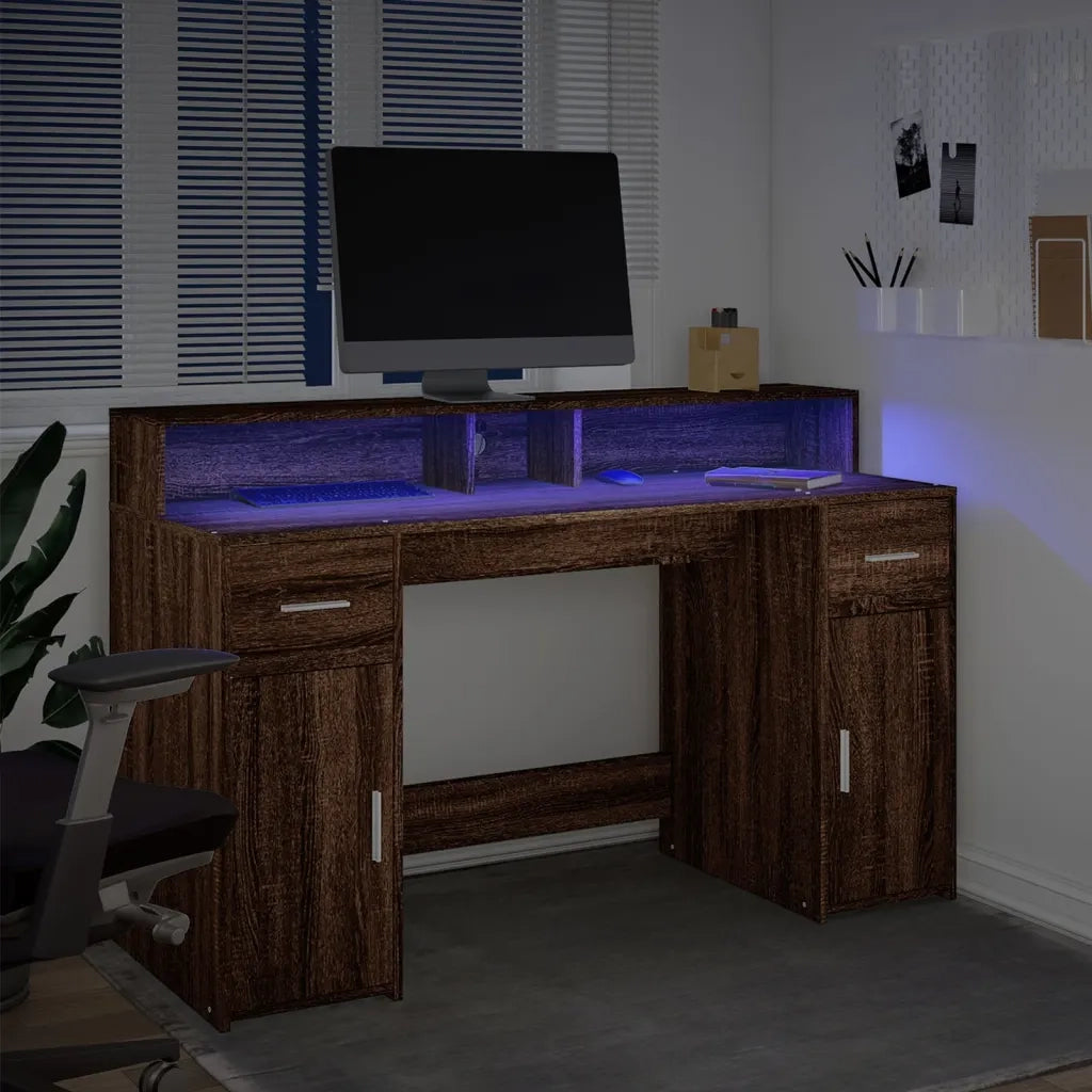Scrivania con Luci LED Marrone Rovere 140x55x91 cm Multistrato 3309426