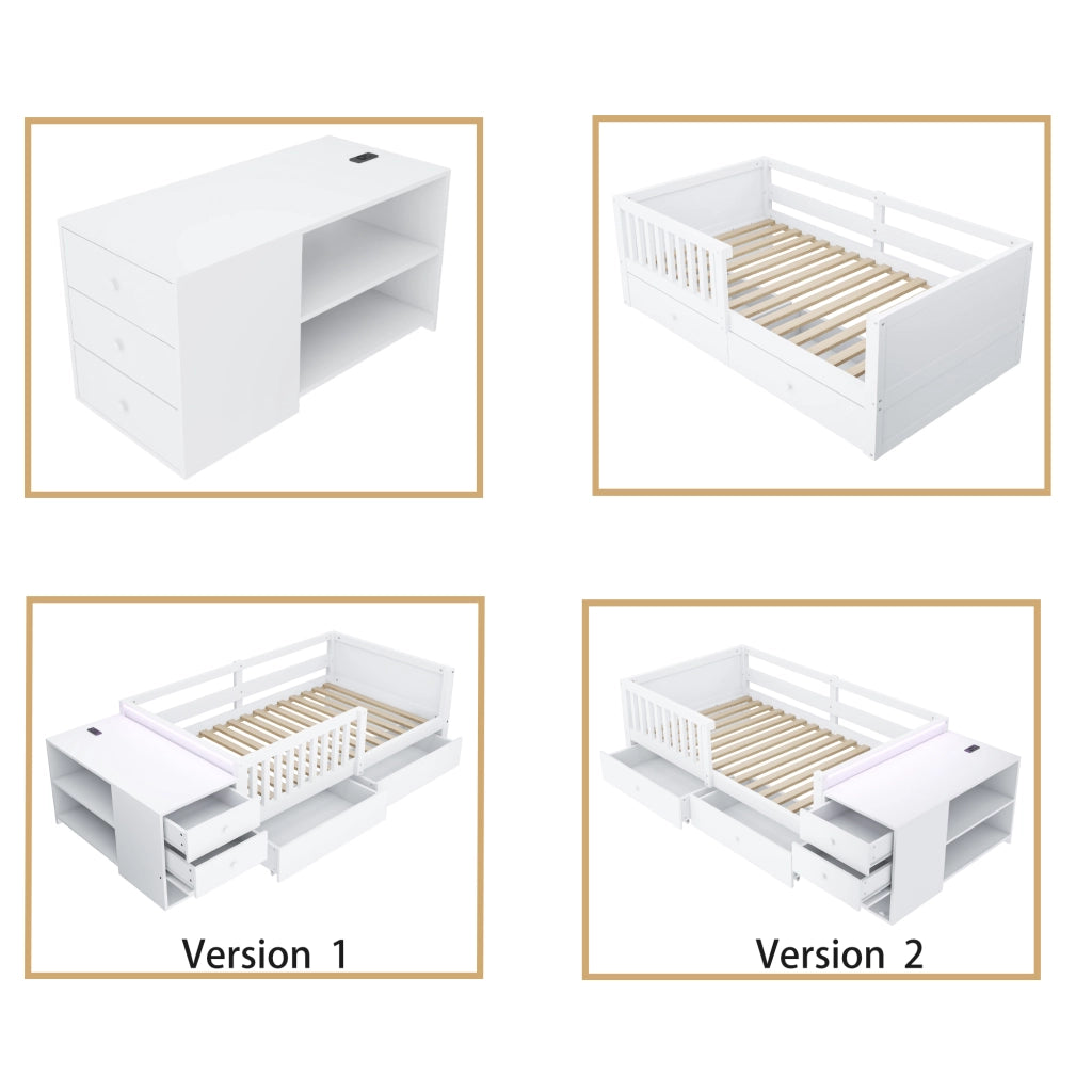 Letto a soppalco per bambini 90 × 200 cm con vano separato, prese, LED e sbarre di sicurezza, bianco