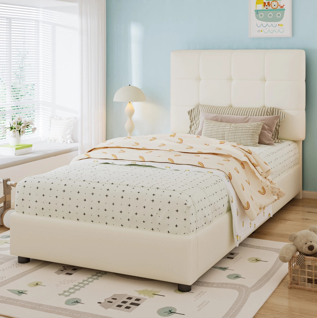 Letto imbottito 90x200 cm con testiera a biscotto; schienale morbido e bordi antiurto in PU beige